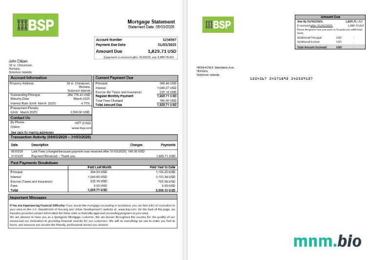 Wyspy Salomona BSP Bank wyciąg z kredytu hipotecznego w formatach Word i PDF